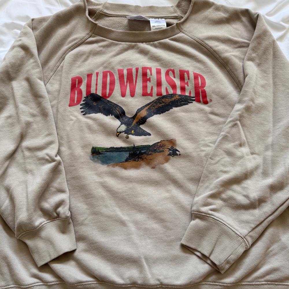 Budweiser Beige Crewneck Sweatshirt with Red Logo and Eagle Graphic